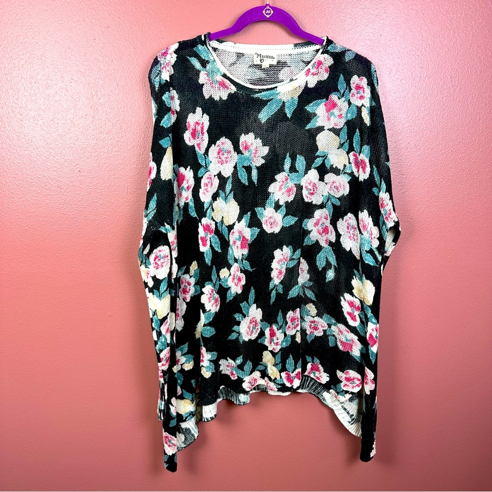 Mumu Mellow Bonfire Sweater in Monet Size Large Black with Pink Flower - Picture 1 of 8